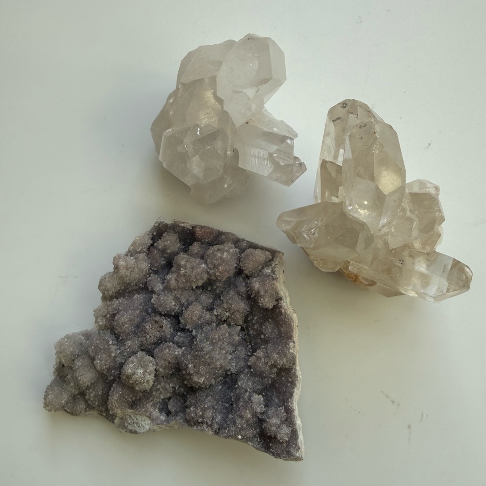 Natural specimen collection 2 Quartz Crystal Clusters and one zeolite Home Decor